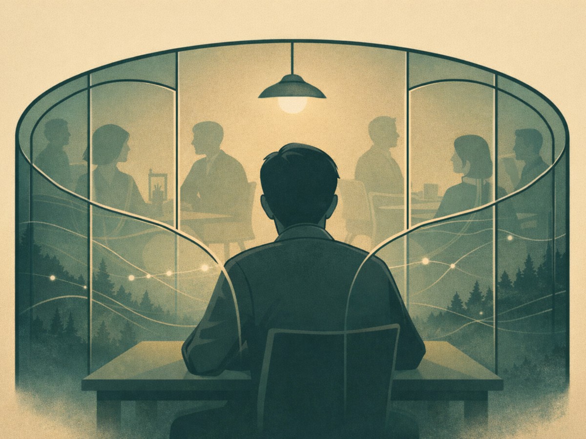 A man sits alone, isolated, face lit by a screen