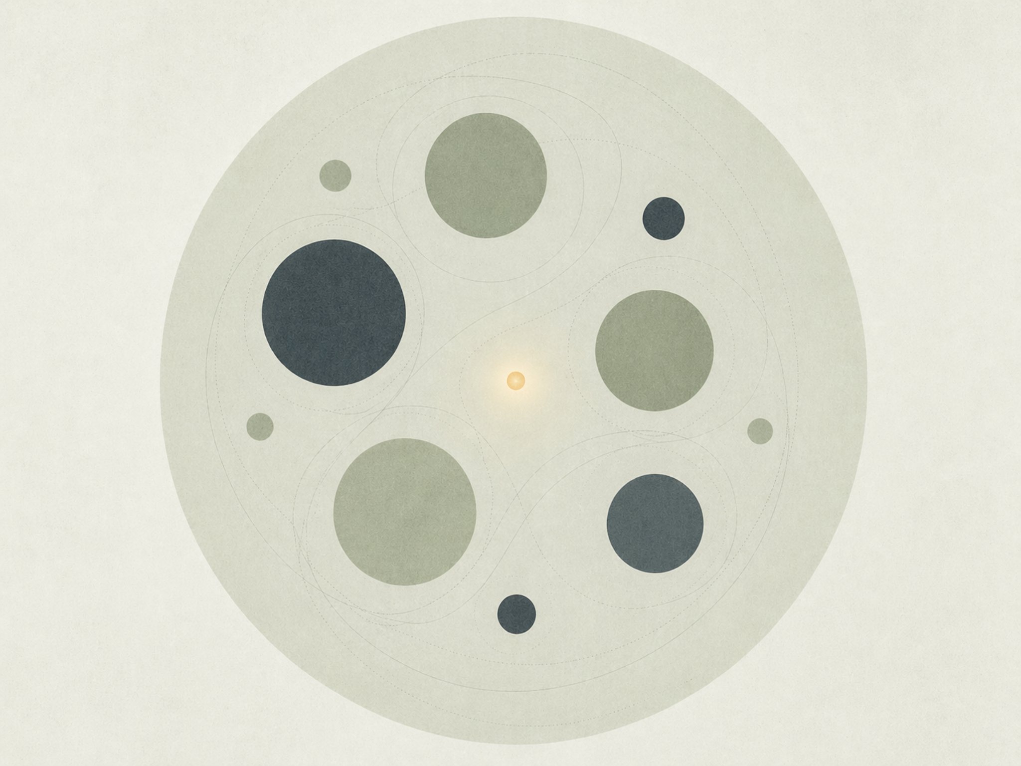 Un grand cercle pâle contenant plusieurs cercles verts et bleu ardoise de tailles différentes, avec un petit point de lumière chaude en son centre