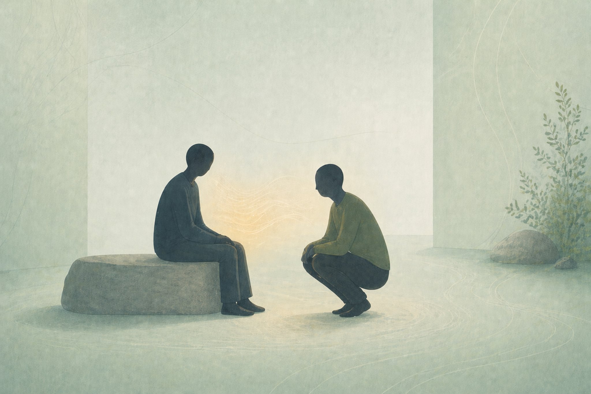Two faceless figures in a quiet room, one seated on a low rock and one crouching close, a soft glow of light between them
