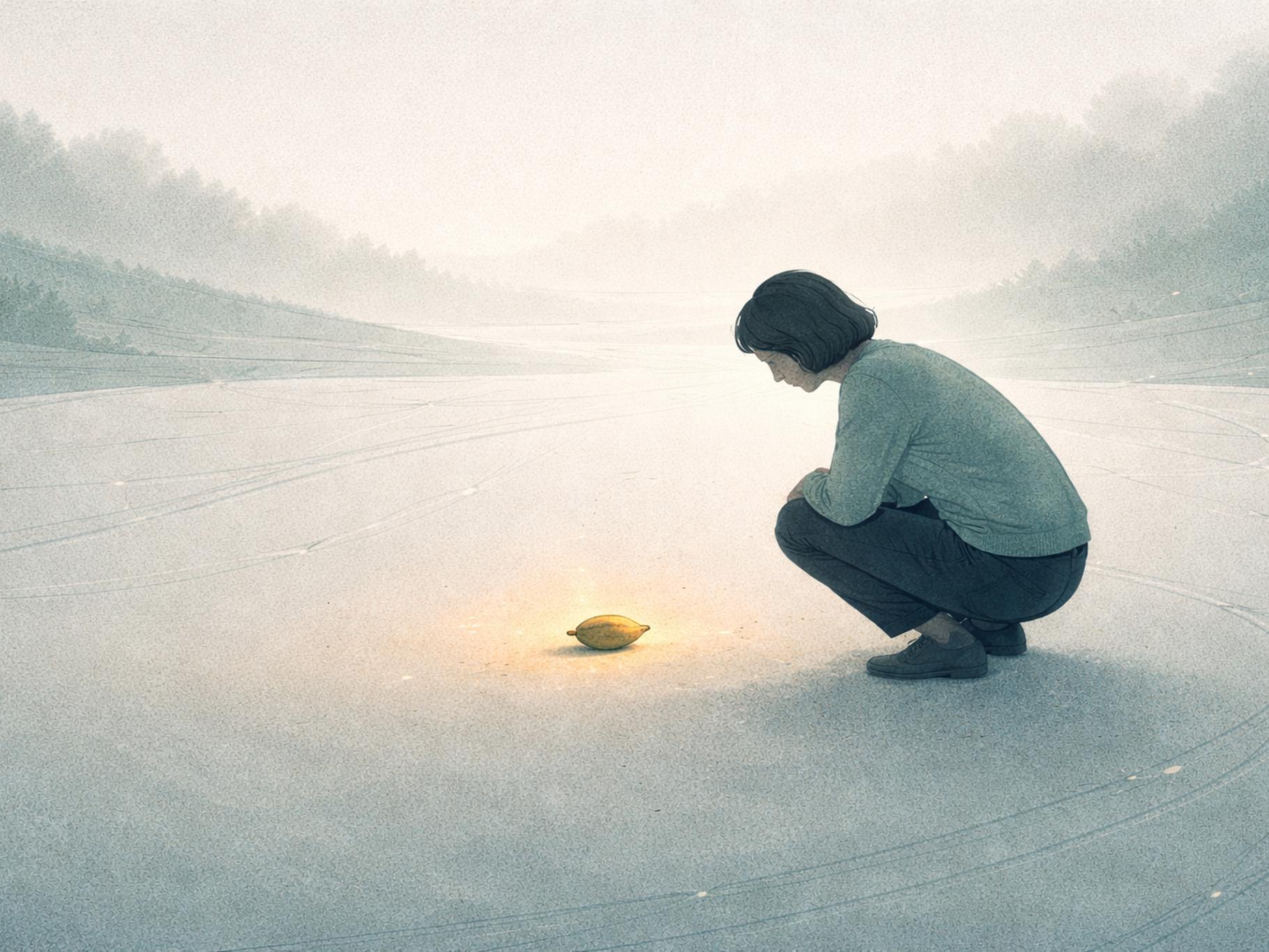 Simplified figure crouching to examine a small glowing object on pale ground — a metaphor for noticing an internal reaction after the fact