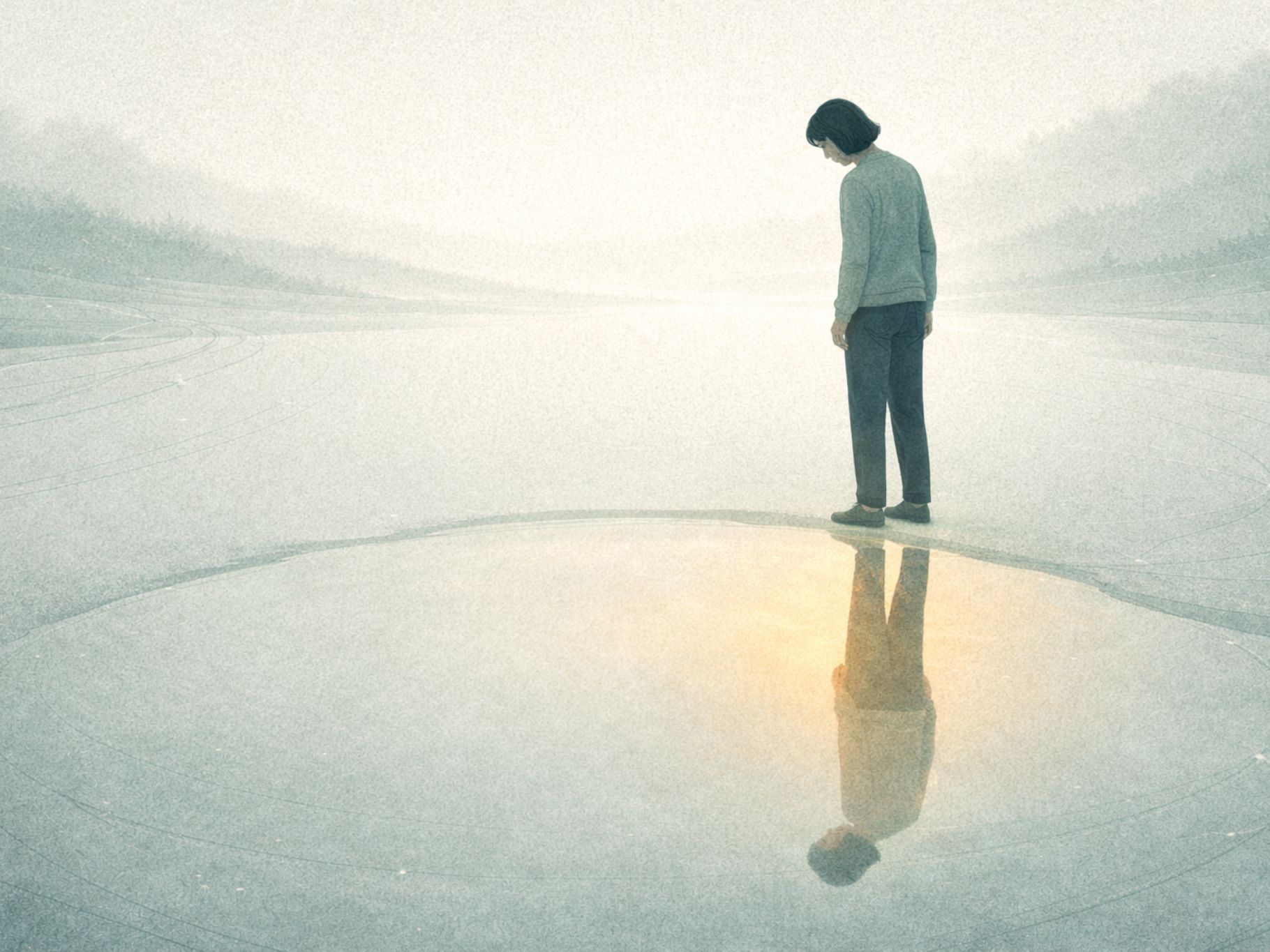 Simplified figure standing at the edge of a still reflective surface, looking down at their own reflection — a metaphor for witnessing a reaction from slight distance