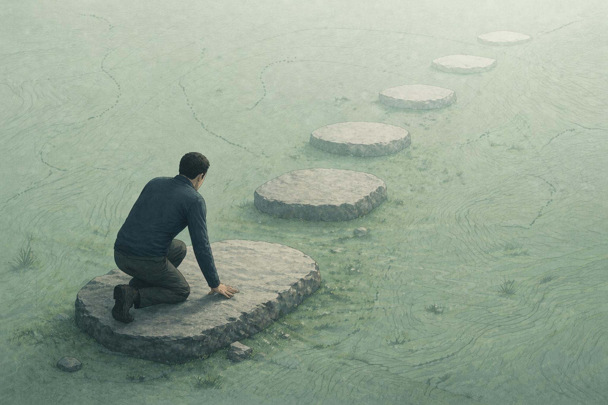 Person kneeling on the first of a line of stepping stones across a pale green misty field, looking at the next one