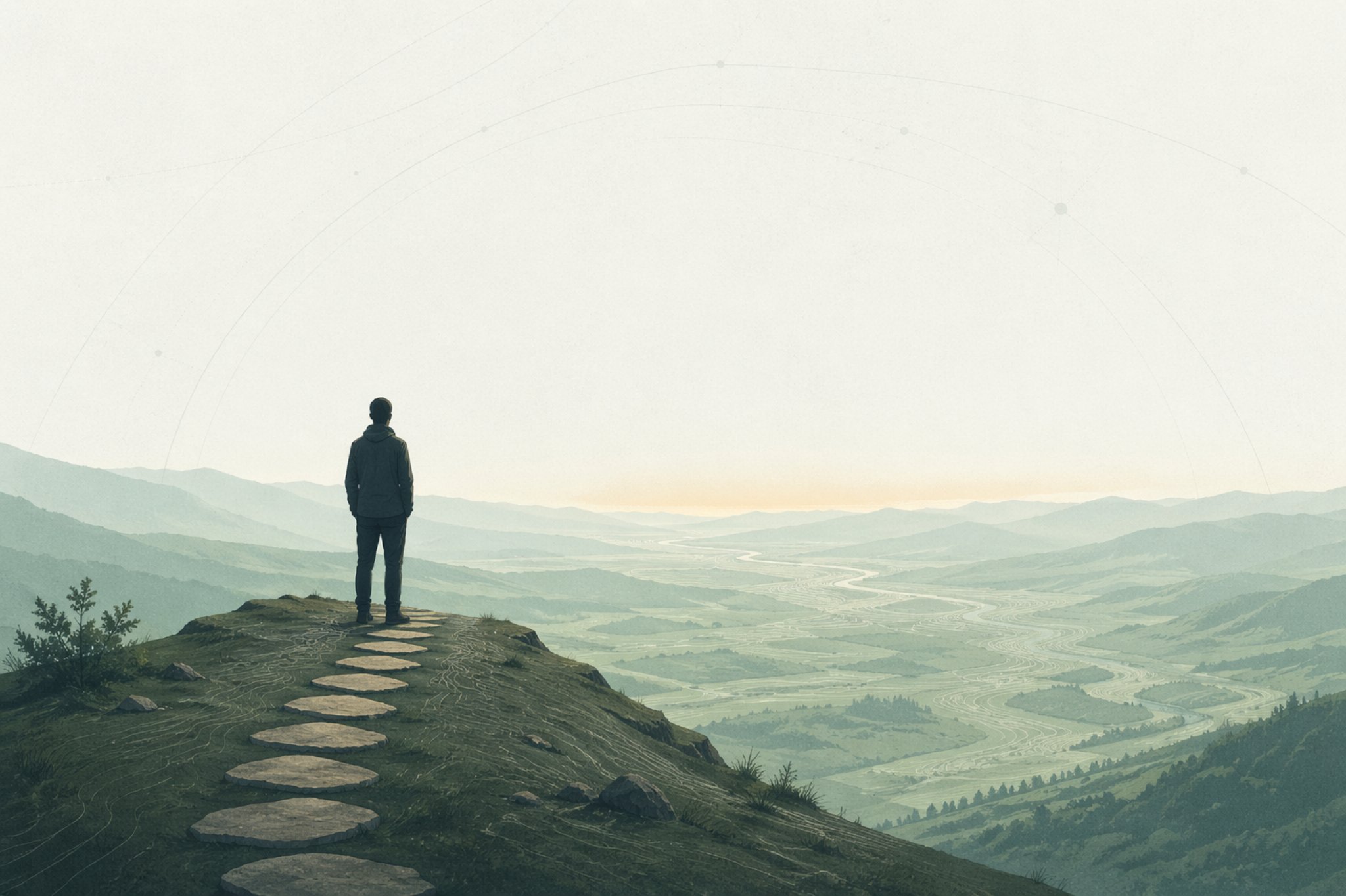 Person standing at a hilltop lookout above a misty river valley, a line of flat stepping stones leading back down the slope