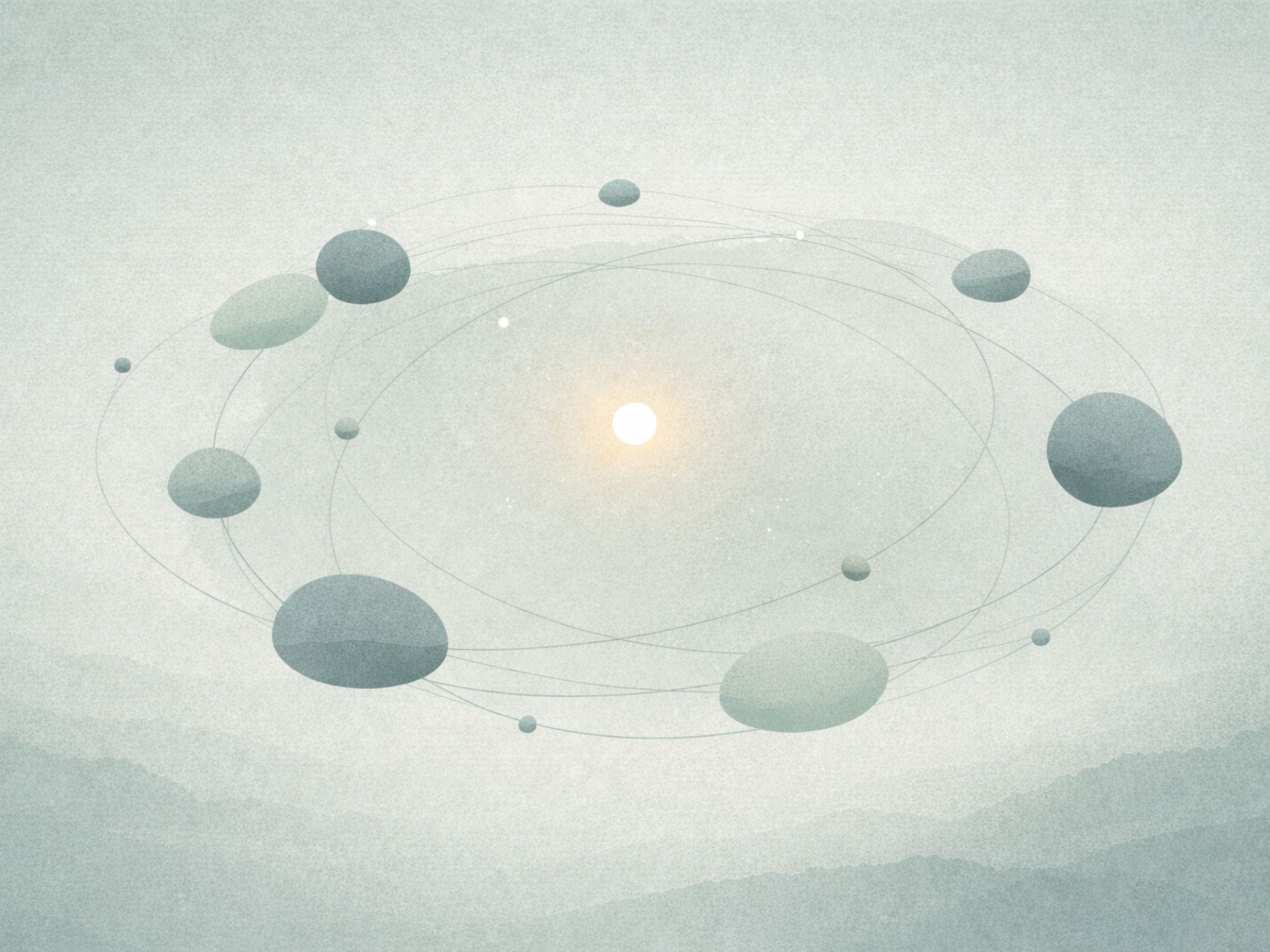 Simplified figure folded inward inside a softly curved semi-translucent chamber — quiet protective withdrawal, IFS containment
