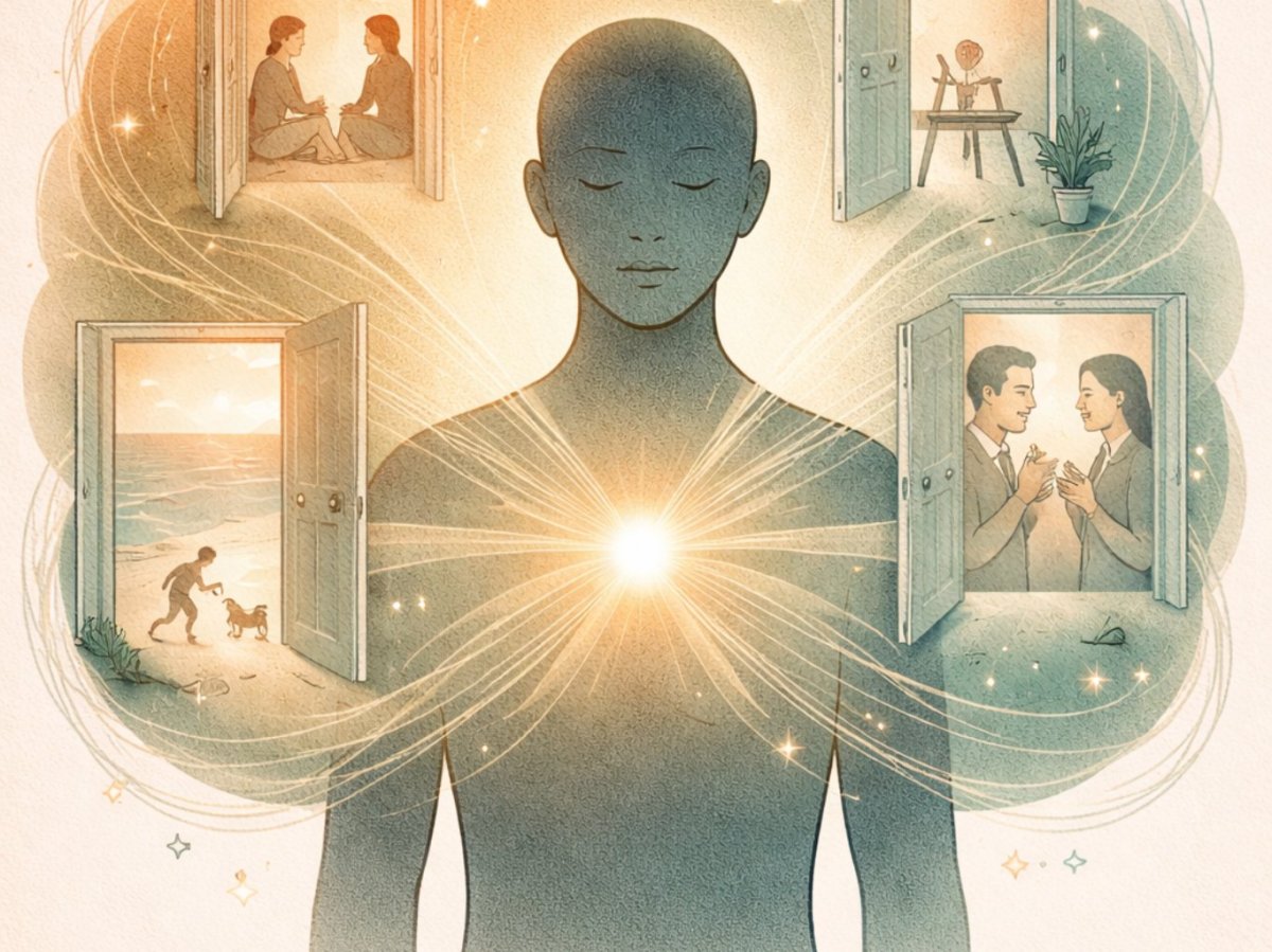 Person in a calm, open posture, representing the quality of Self-energy accessible in IFS burnout recovery