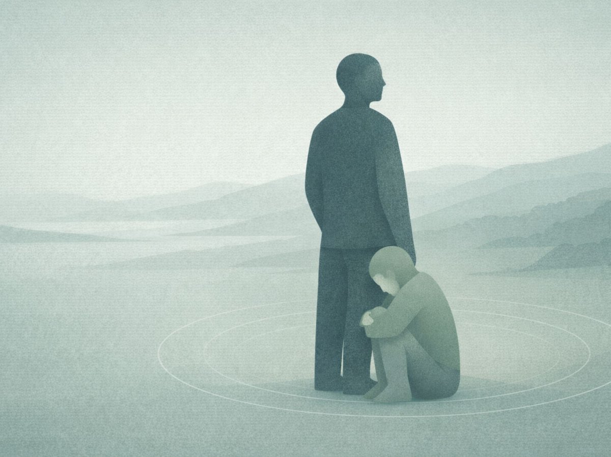 Figure solitaire au bord d'une étendue d'eau immobile, regardant vers un horizon silencieux — présence fonctionnelle et absence intérieure