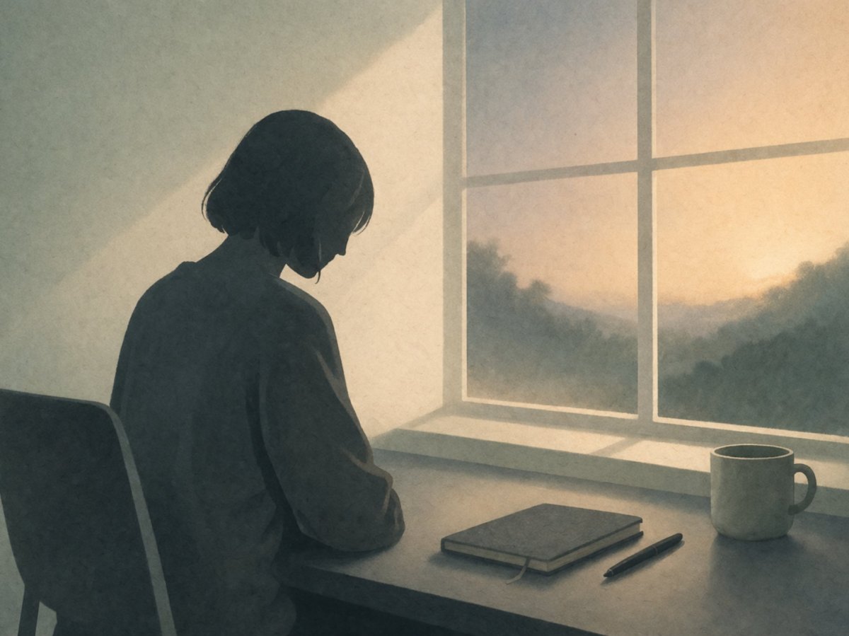 Simplified figure pausing at an open threshold, looking out across a contour-mapped landscape at dusk