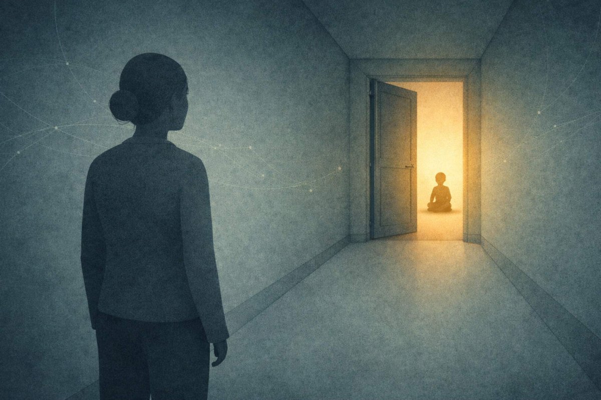 Simplified figure moving through contour-lined landscape carrying a visible weight, psychological editorial illustration