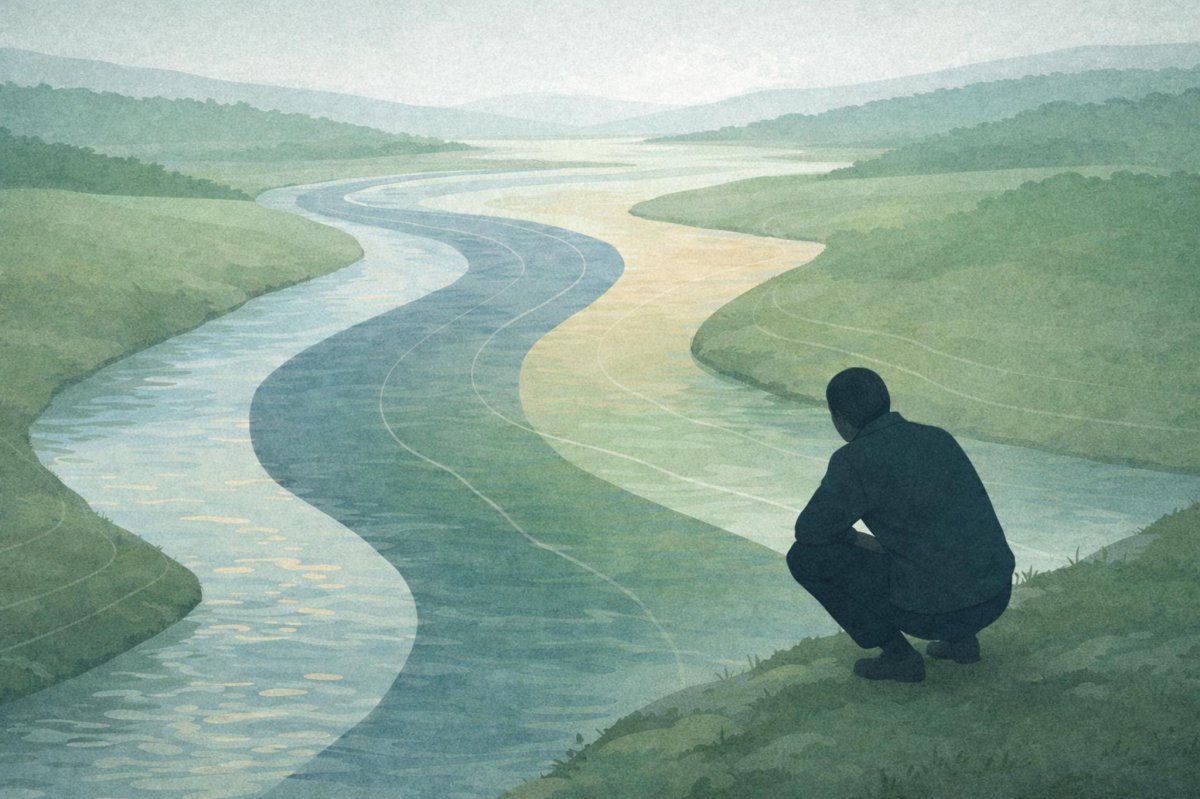 Une figure accroupie au bord d'une rivière qui se divise en trois courants distincts avant de se rejoindre en aval