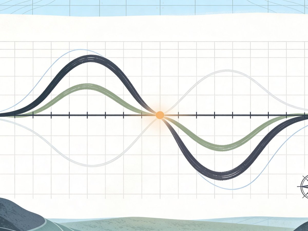Graphique scientifique avec trois courbes superposées en ardoise, sauge et brume pâle — représentant les systèmes de régulation hiérarchiques du cerveau