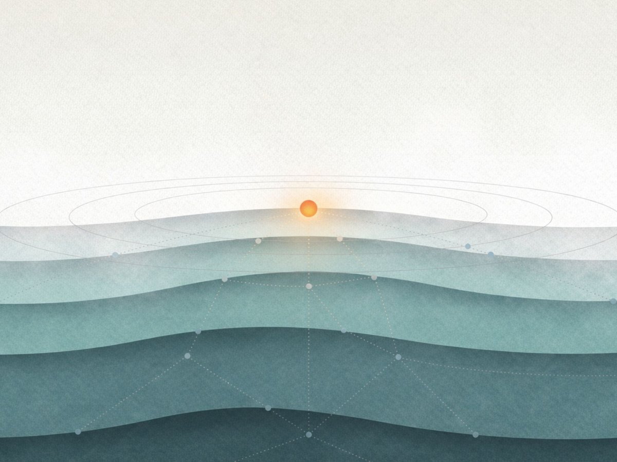 Silhouette simplifiée debout calmement devant un seuil lumineux, mur de lignes topographiques, lueur ambrée chaude au-delà