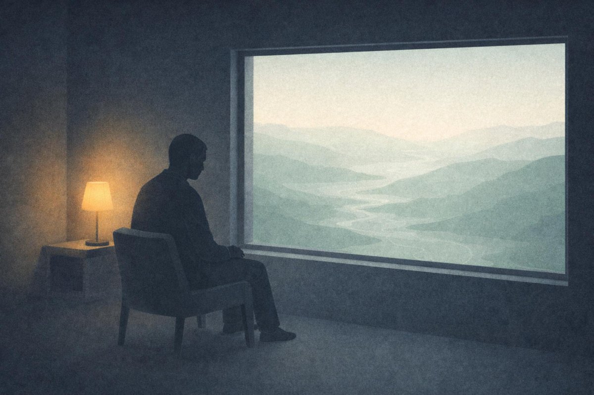 Une silhouette calme dans une clairière, des anneaux topographiques concentriques irradiant vers l'extérieur, évoquant une présence intérieure tranquille