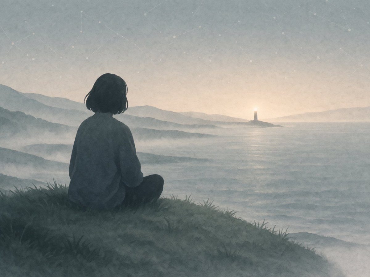 Figure holding a lantern at the edge of a clearing, with faint contour lines suggesting an inner map