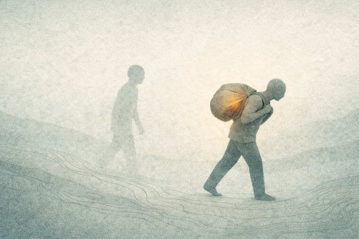 Solitary figure pausing at a misty ridge threshold in a quiet layered landscape, psychological editorial illustration